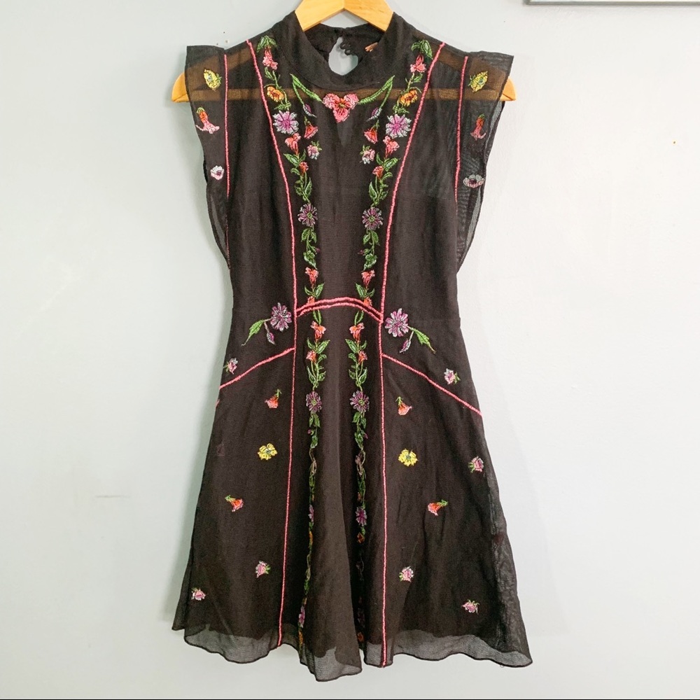 Free People | Black Mesh Floral Embroidered Dress